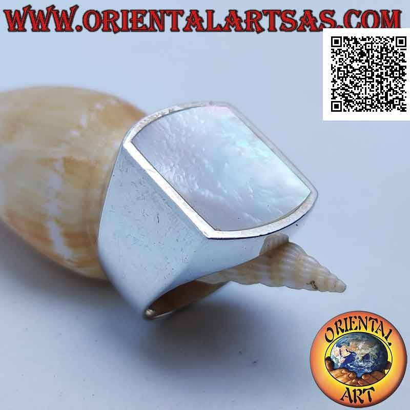 Silver ring with rectangular mother-of-pearl curved on two sides flush with the edge on a smooth setting