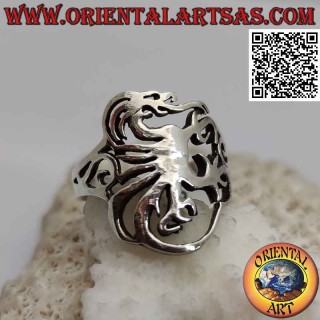 Perforated silver ring with smooth stylized griffin
