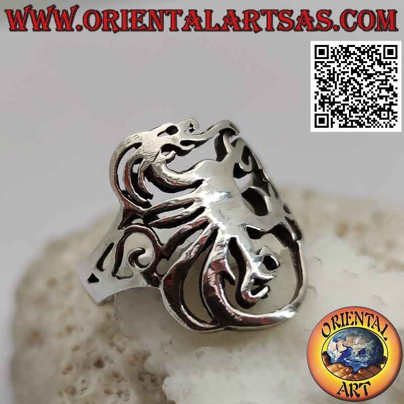 Perforated silver ring with smooth stylized griffin