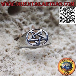 Smooth silver ring with smooth pentacle in the horizontal perforated oval