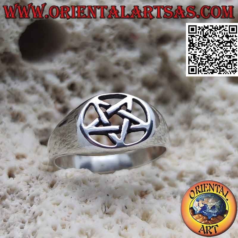Smooth silver ring with smooth pentacle in the horizontal perforated oval