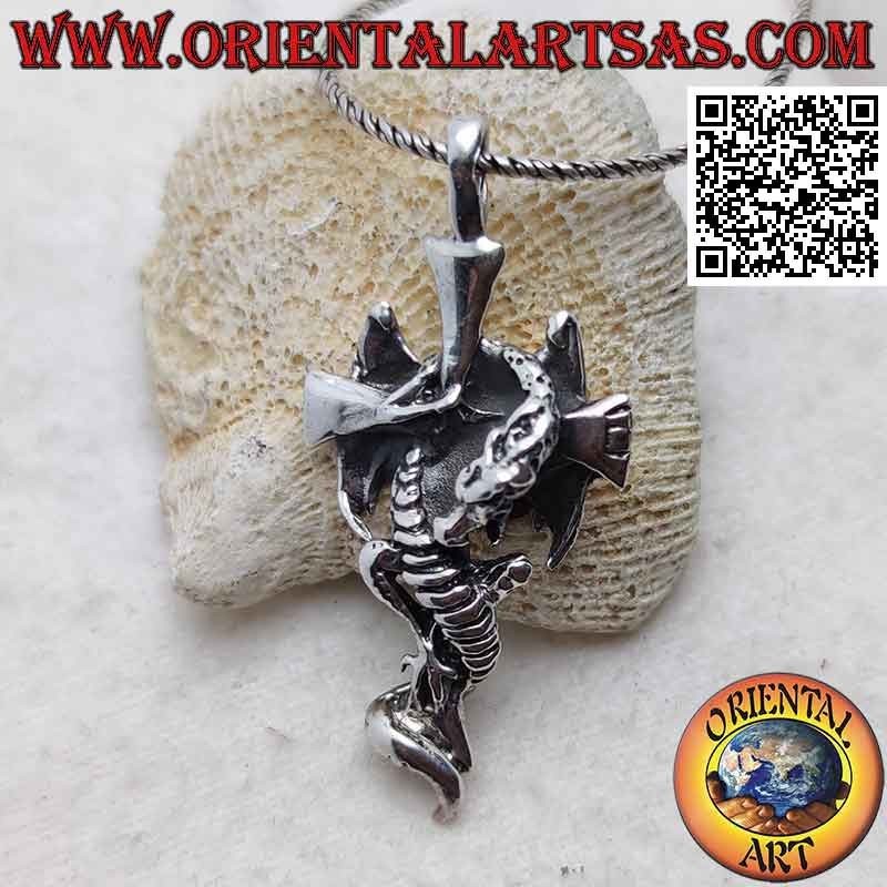 Silver smooth latin cross pendant with clinging winged dragon