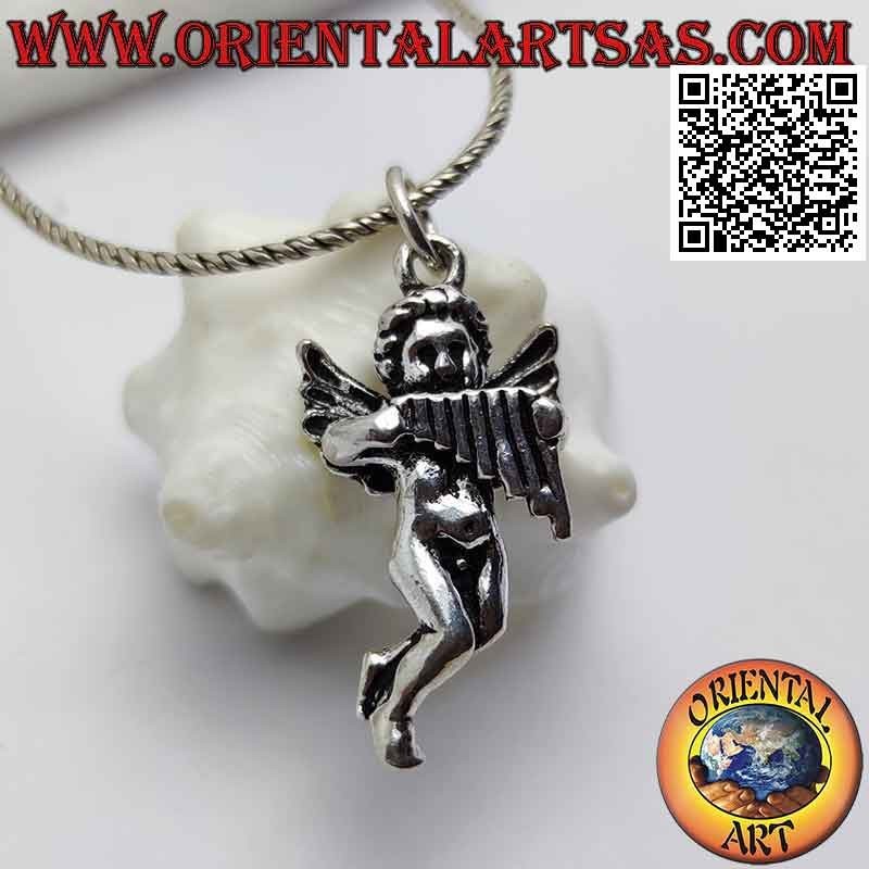 Colgante de plata en forma de ángel con arpa tridimensional