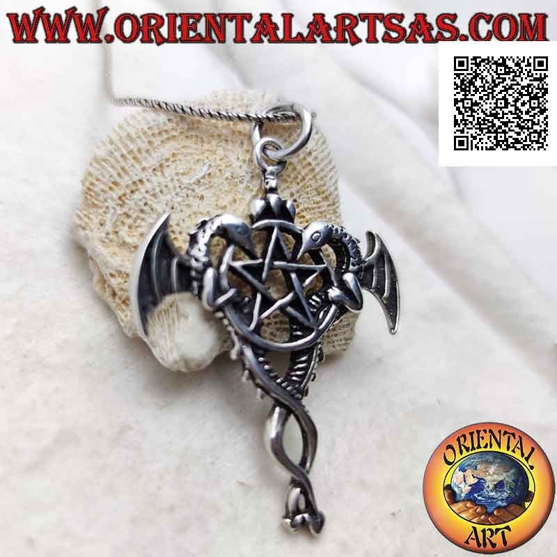 Pentacle silver pendant with two winged dragons clinging to the sides