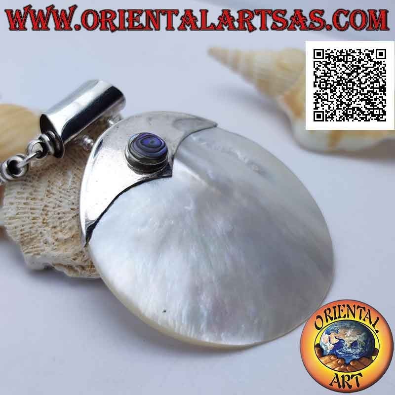 Ciondolo in argento con madreperla tonda grande con inserto liscio (con paua shell) e gancio tubolare