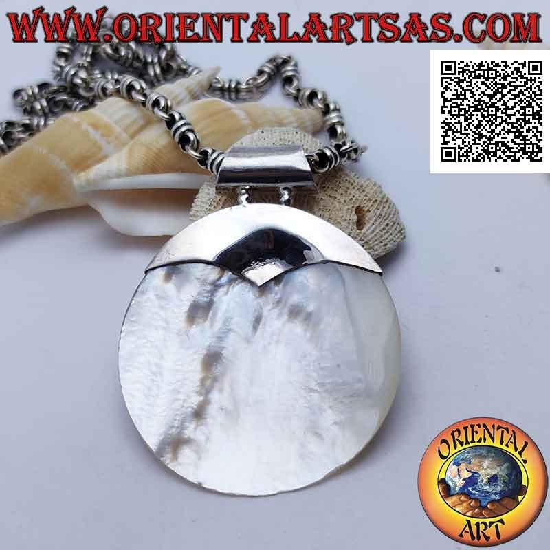 Ciondolo in argento con madreperla tonda grande con inserto liscio (con paua shell) e gancio tubolare