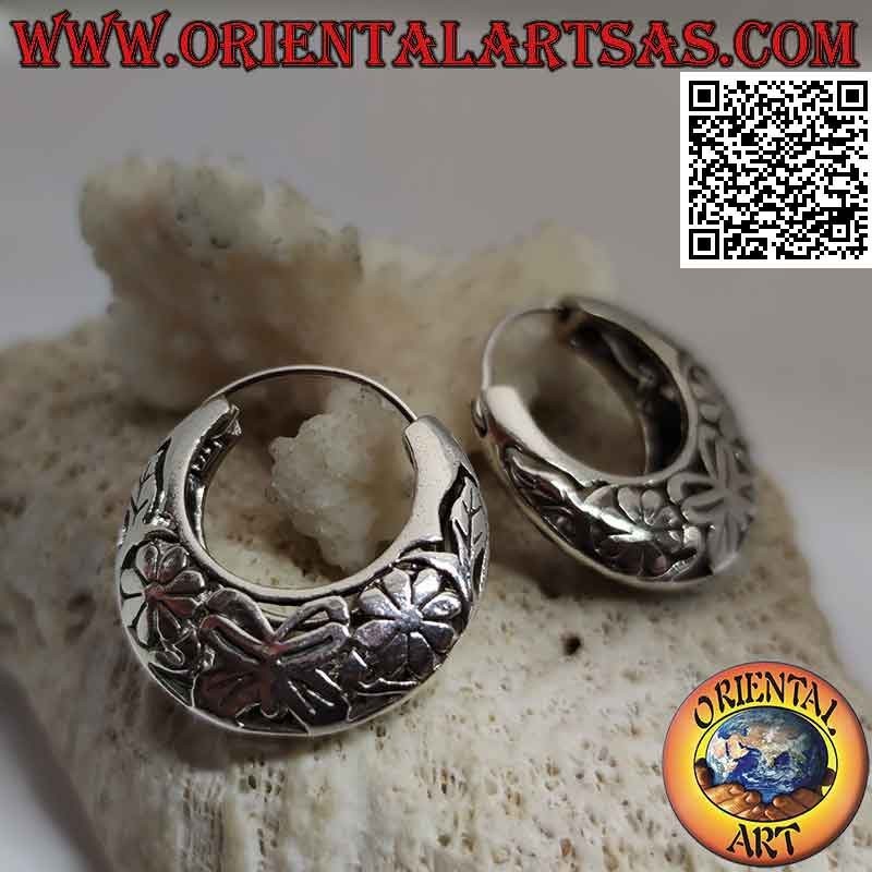 Silver earrings, smooth crescent circles with openwork butterflies and flowers