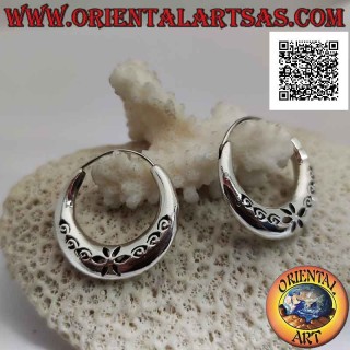 Silver earrings, smooth crescent circles with daisy and perforated spirals