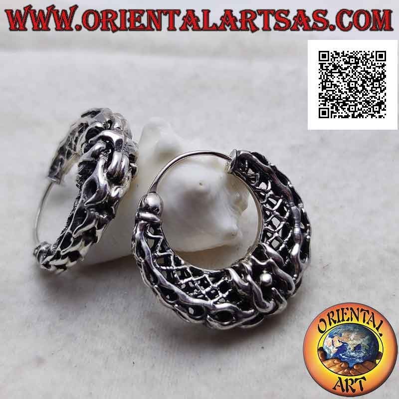Boucles d'oreilles en argent, cercles demi-lune avec entrelacement perforé épais et spécial