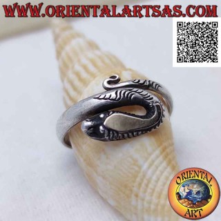 Silver ring in the shape of a wraparound snake with a finished muzzle and a U (gold plate on the head)