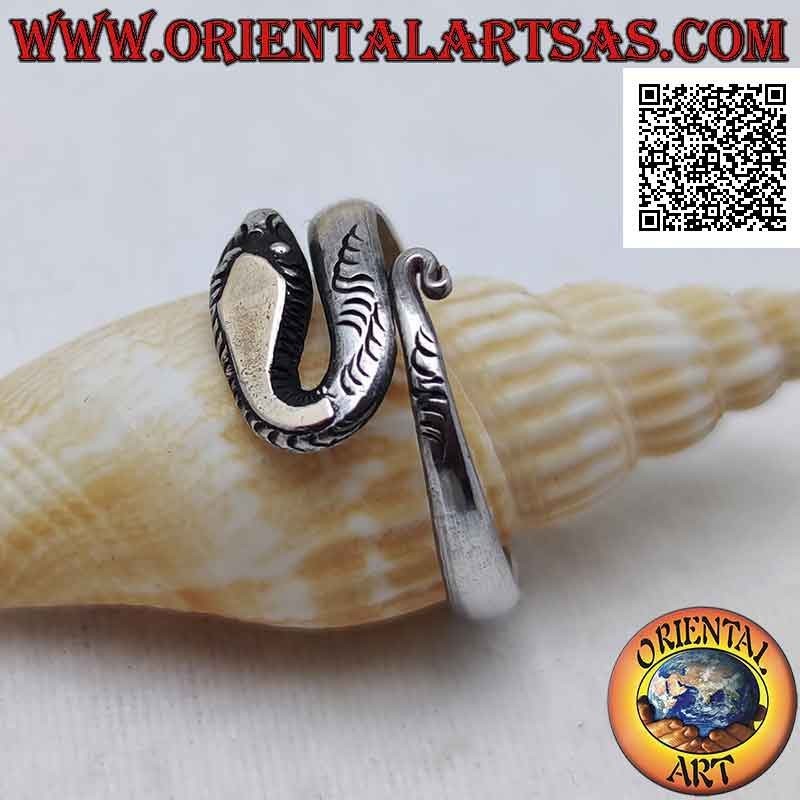 Silver ring in the shape of a wraparound snake with a finished muzzle and a U (gold plate on the head)