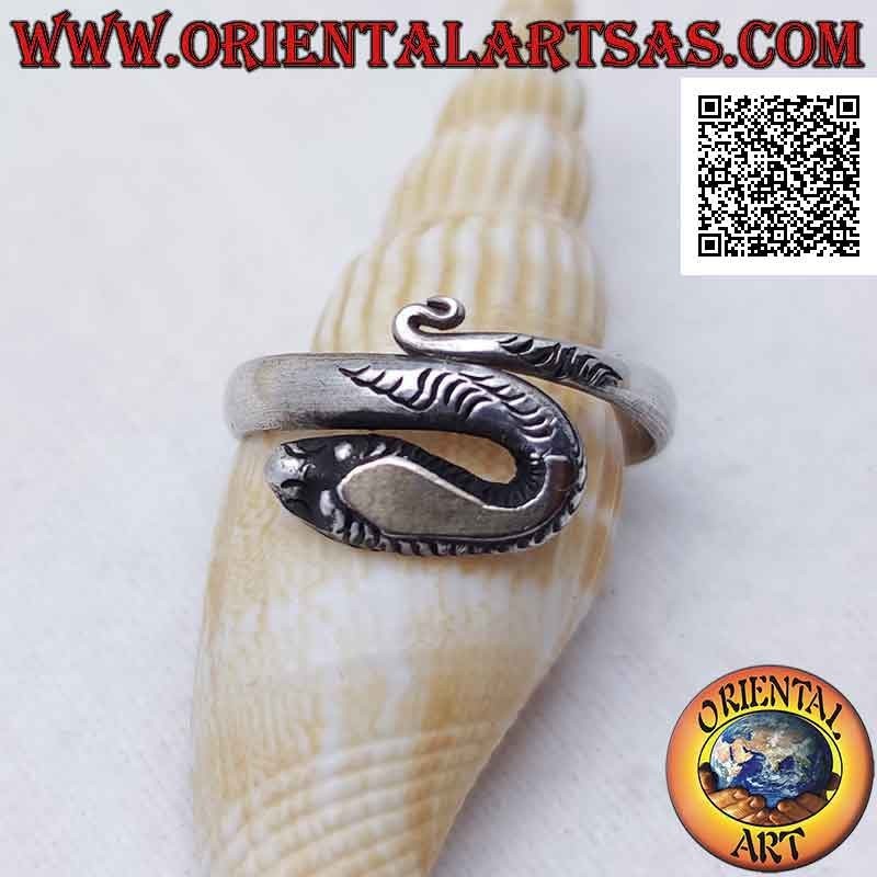 Silver ring in the shape of a wraparound snake with a finished muzzle and a U (gold plate on the head)