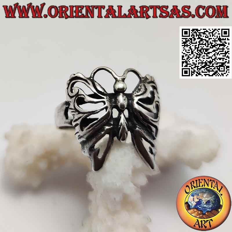 Silver ring in the shape of a smooth convex butterfly with perforated wings