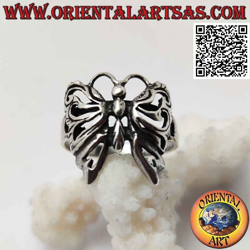 Bague en argent en forme de papillon convexe lisse aux ailes perforées
