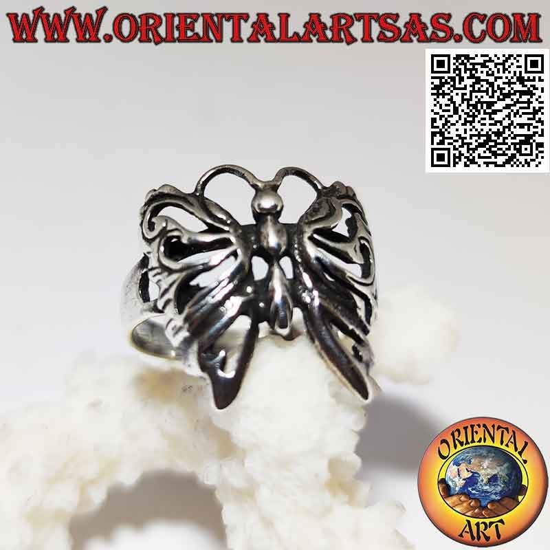 Bague en argent en forme de papillon convexe lisse aux ailes perforées