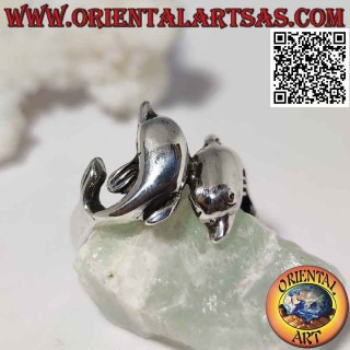 Anello in argento, coppia di delfini avvolgenti opposti (disposti in obliquo)