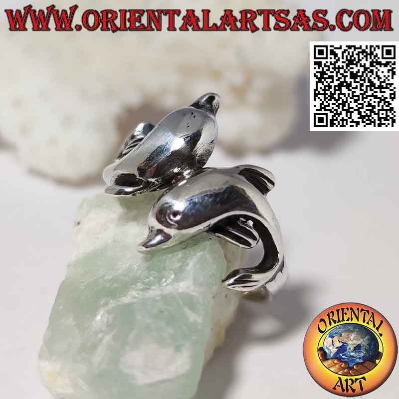 Anello in argento, coppia di delfini avvolgenti opposti (disposti in obliquo)