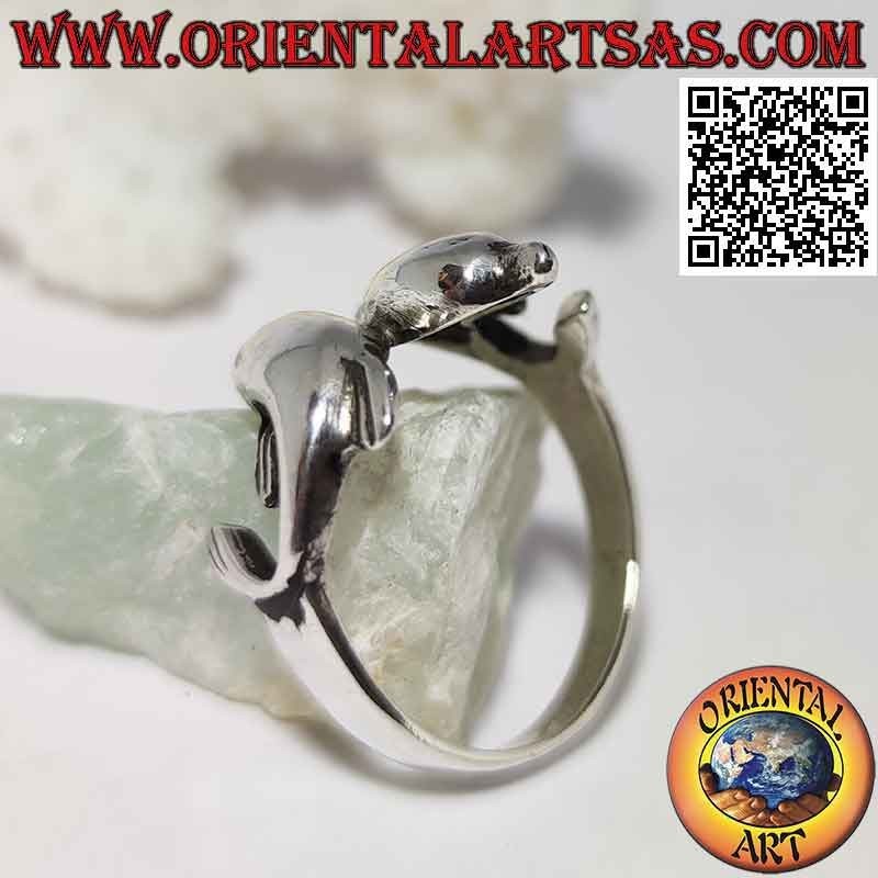 Bague en argent, paire de dauphins enveloppants opposés (disposés en angle)