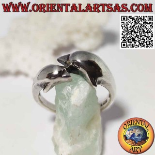 Bague en argent, paire de dauphins enveloppants opposés (disposés en parallèle)
