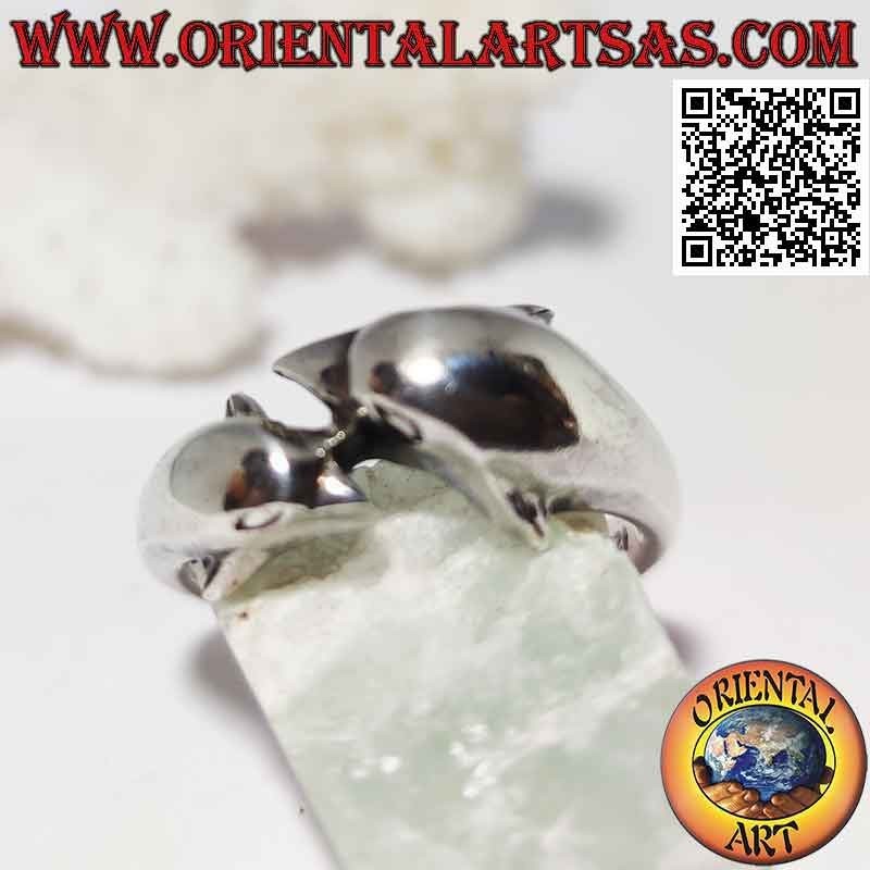 Silver ring, pair of opposing wrapping dolphins (arranged in parallel)
