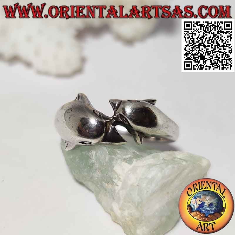 Silver ring, pair of opposing wrapping dolphins (arranged in parallel)