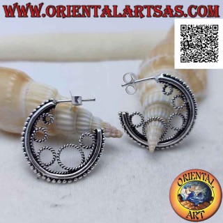 Silver hoop earrings with balls and inner circles (butterfly clasp)