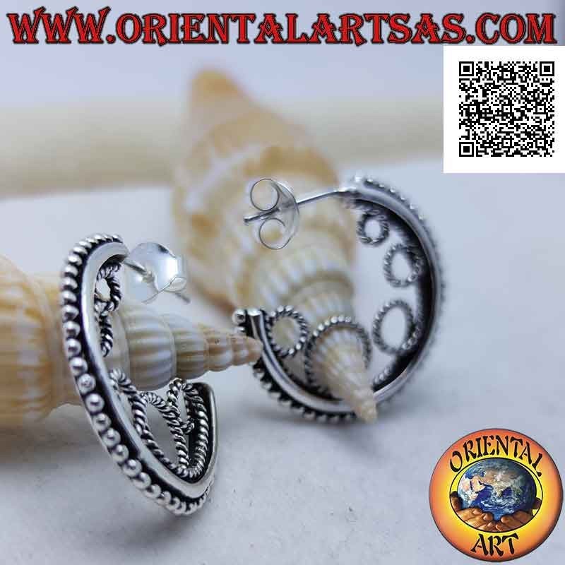 Silver hoop earrings with balls and inner circles (butterfly clasp)