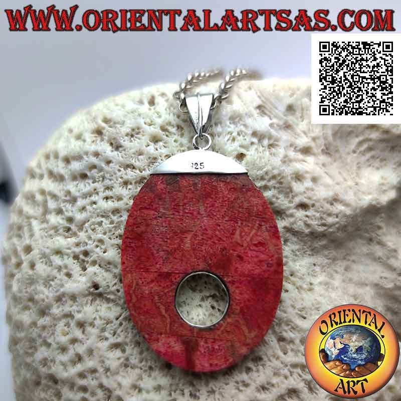 Silver pendant with red coral (coral) oval with hole and ethnic decoration