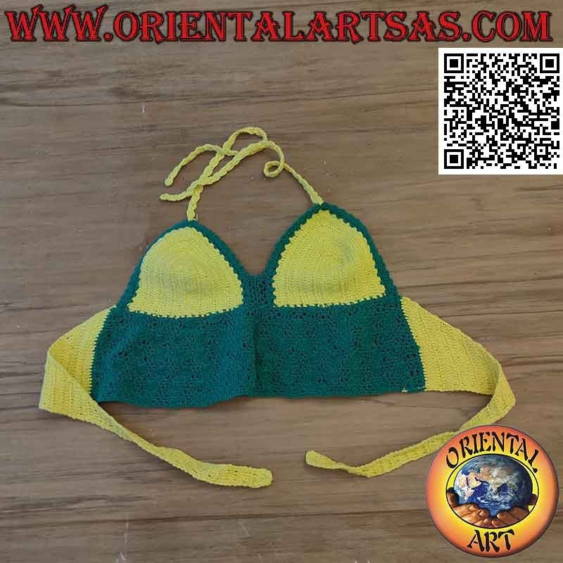 Top crochet vert et jaune avec bande de coton à la main (taille libre)