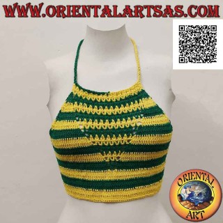 Top A-line au crochet rayé vert et jaune en coton fait main (taille libre)