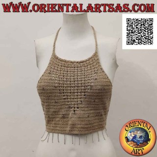 Beige a-line crochet top with multicolor beads in handmade cotton (free size)