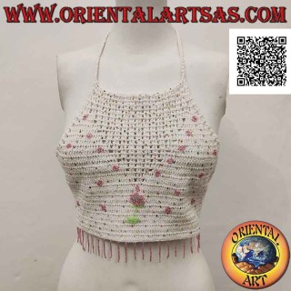 Top de crochet blanco evasé con cuentas rosas y flores, en algodón hecho a mano (tamaño libre)