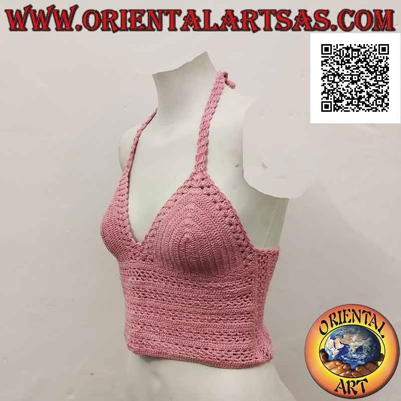 Top crochet rose vif avec bande haute et fermeture tressée, en coton fait main (taille libre)