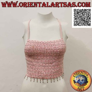 Top all'uncinetto rosa a trapezio con perline e chiusura intrecciata, in cotone fatto a mano (freesize)