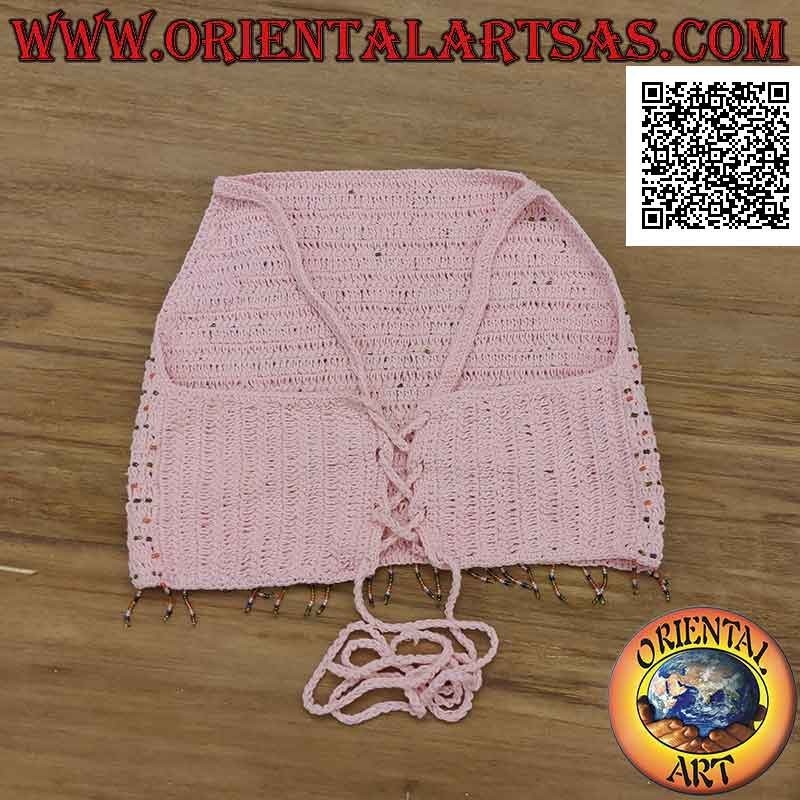Pink A-line crochet top with beads and braided closure, in handmade cotton (freesize)