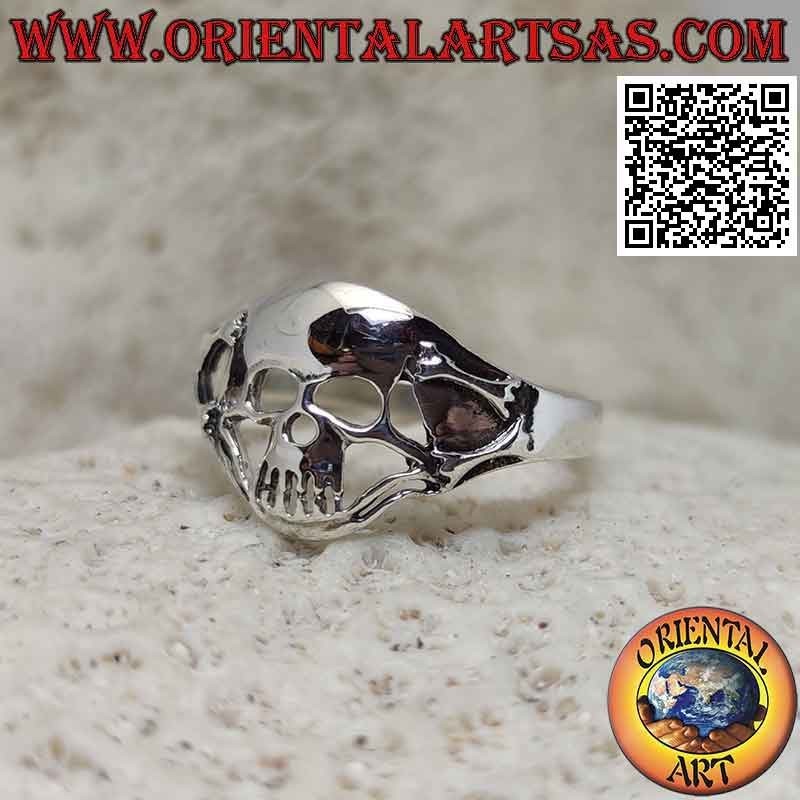 Silver ring with perforated skull and pair of bones welded on the sides