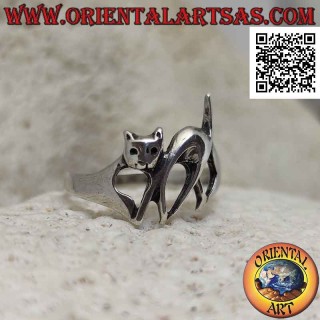 Bague en argent lisse en forme de chat qui marche