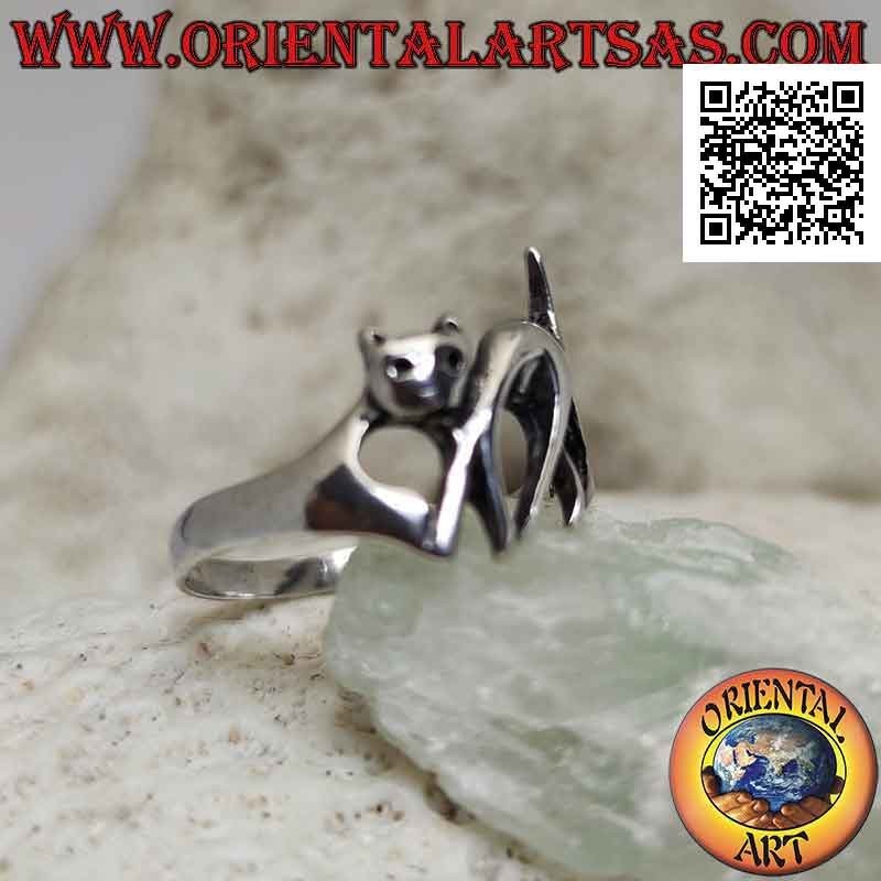 Smooth silver ring in the shape of a walking cat