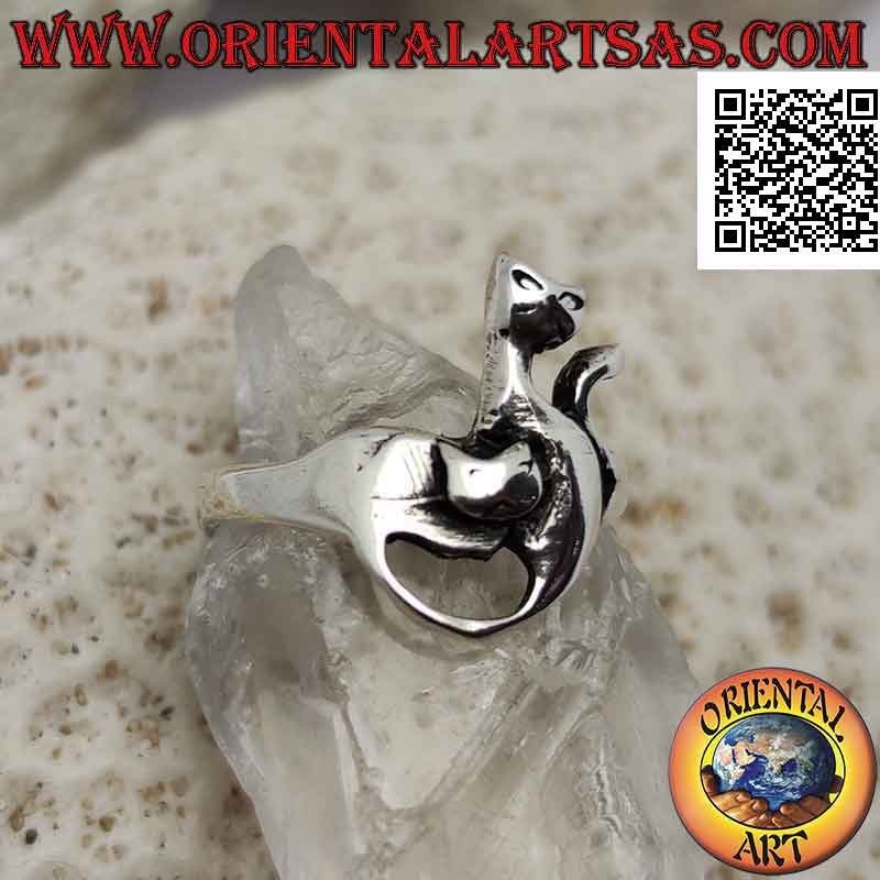 Smooth silver ring, pair of cats at play