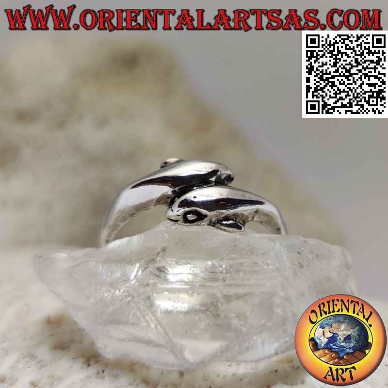 Smooth silver ring, pair of opposing wraparound dolphins (thin)