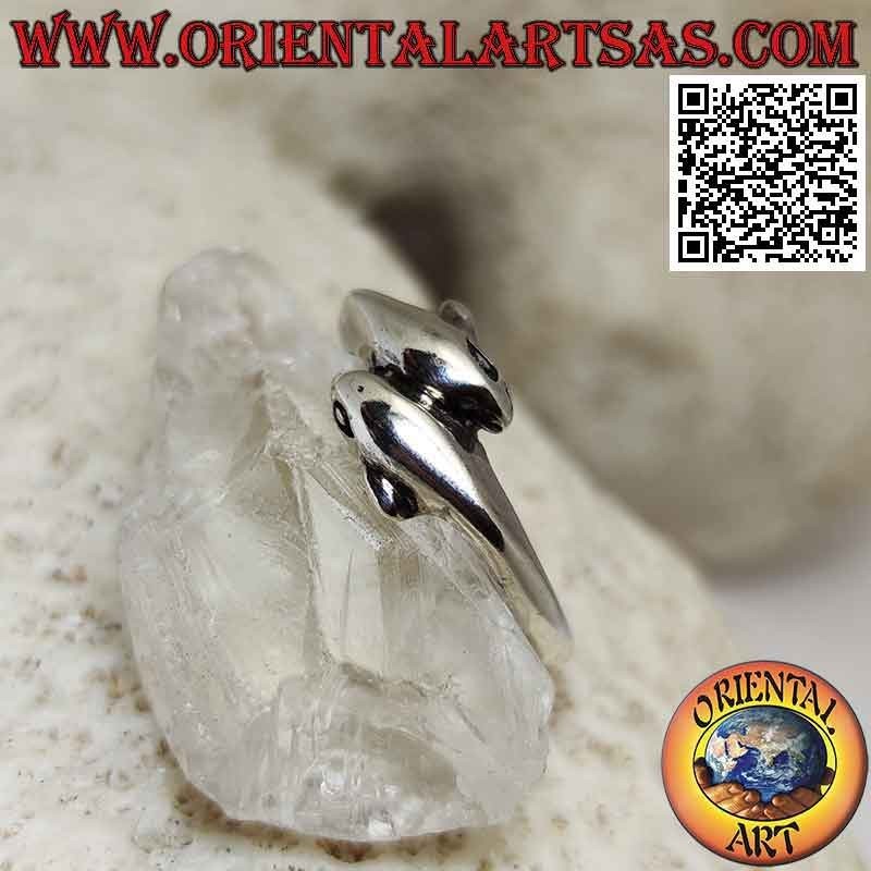 Bague en argent lisse, paire de dauphins enveloppants opposés (fin)