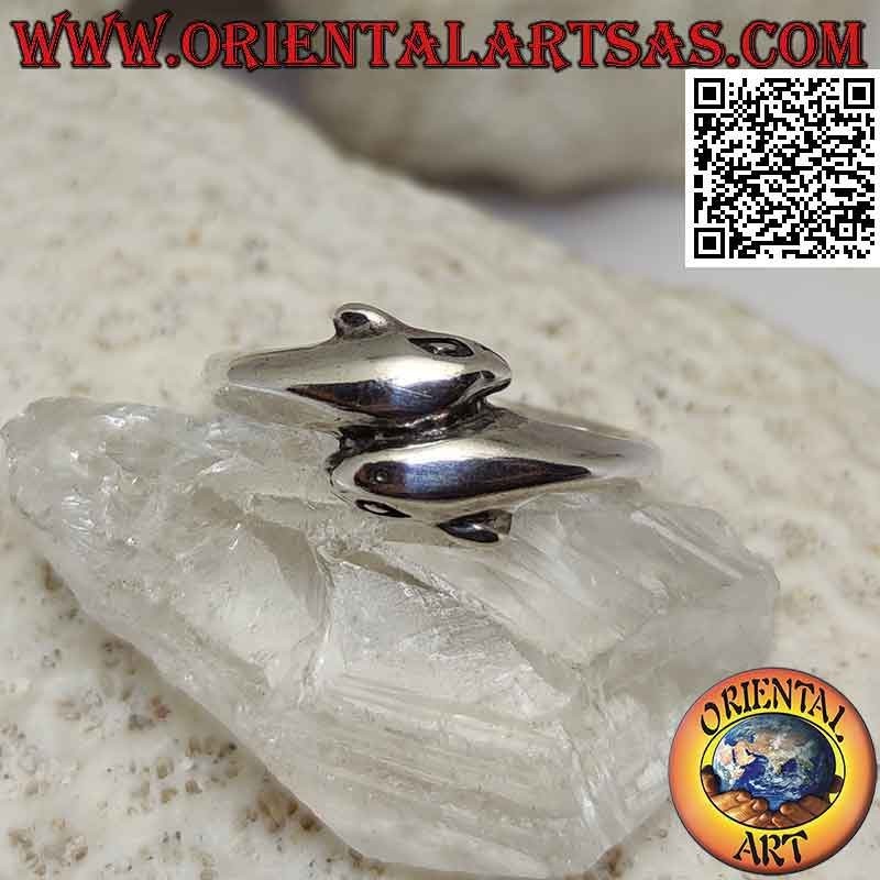 Anillo plateado liso, par de delfines envolventes opuestos (delgado)