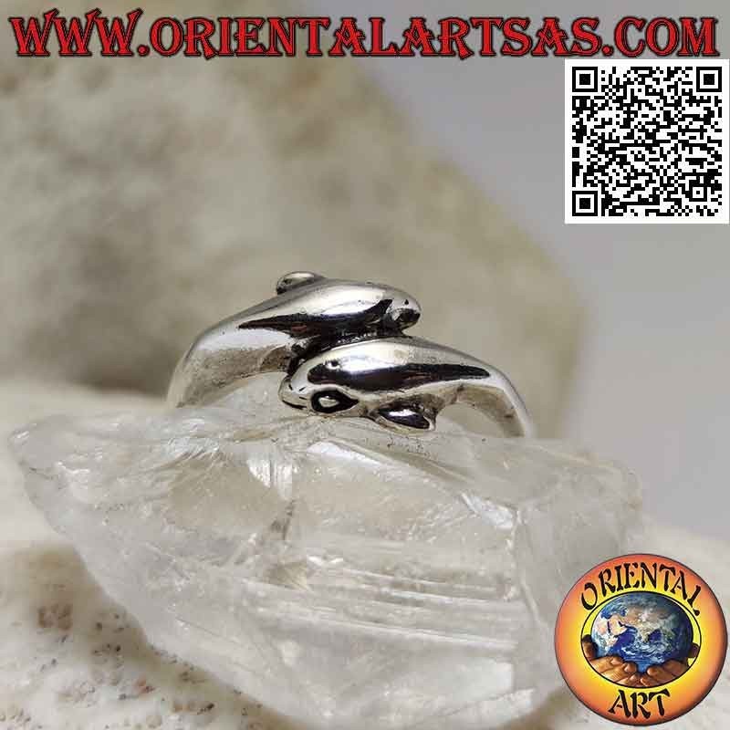 Anello in argento liscio, coppia di delfini avvolgenti opposti (sottile)