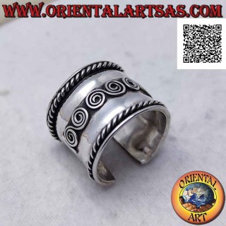 Wide band silver ring with central spirals and interlacing on the sides, Bali (freesize)