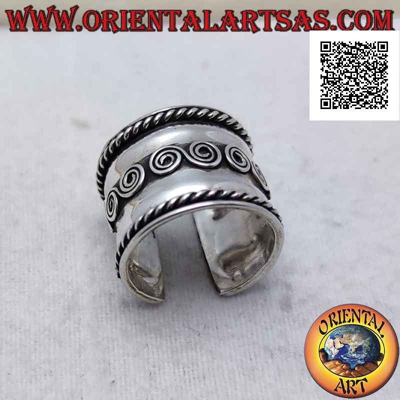 Breitband Silberring mit zentralen Spiralen und Verflechtung an den Seiten, Bali (Freesize)