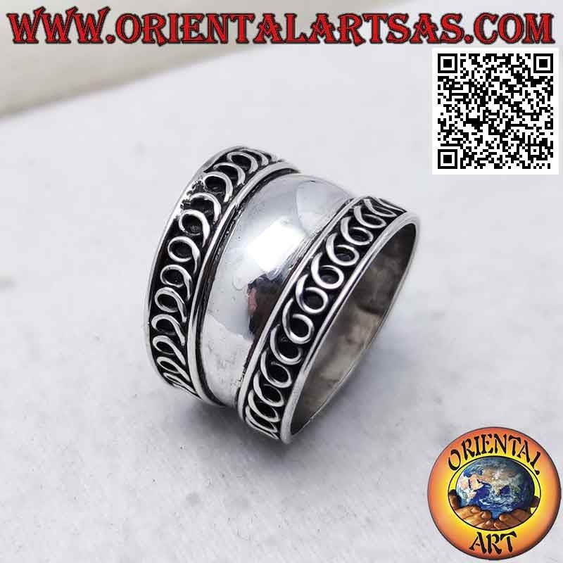 Wide band silver ring with spring coiled wire, Bali