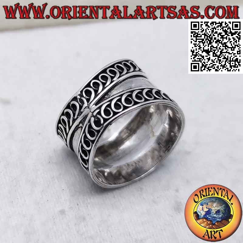 Wide band silver ring with spring coiled wire, Bali