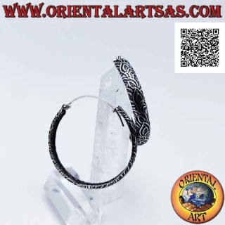 Silver earrings with large convex circle with oxidized floral decoration 40 mm