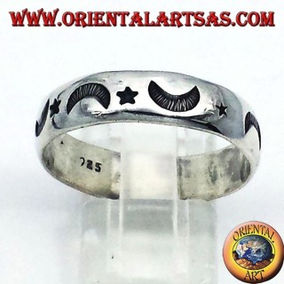 Silber Ring, geschnitzt Stern und Mond