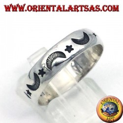 Silber Ring, geschnitzt Stern und Mond